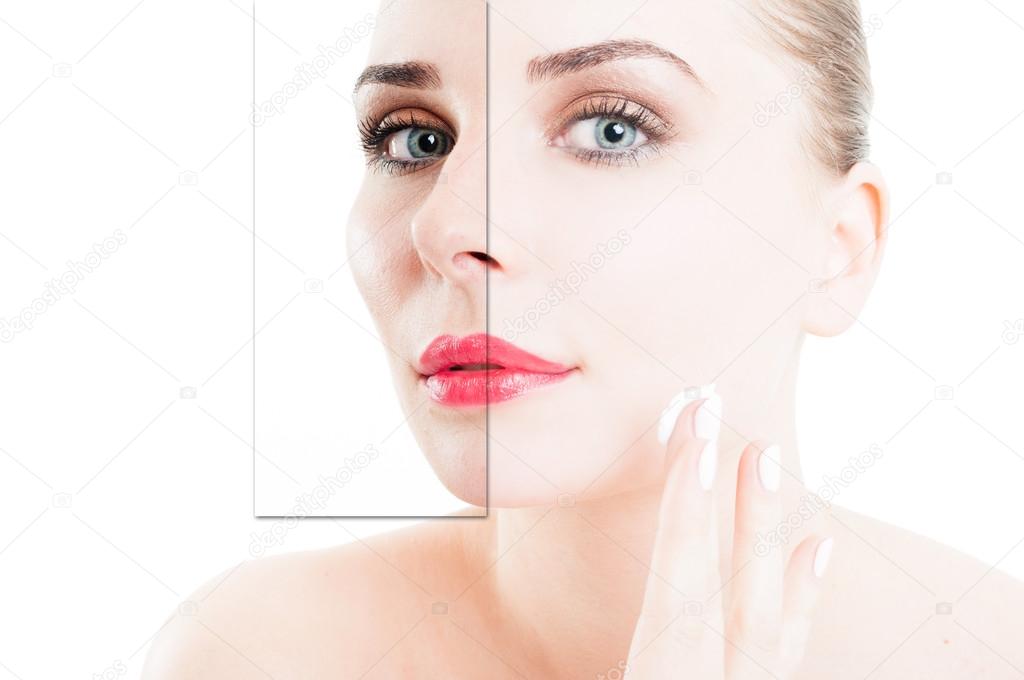 Closeup portrait of woman using cream for correction of wrinkles