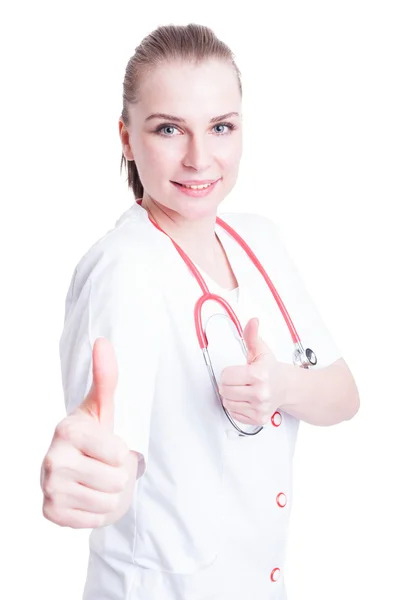 Cheerful smiling doctor showing thumbup with both hands — Stock Photo, Image