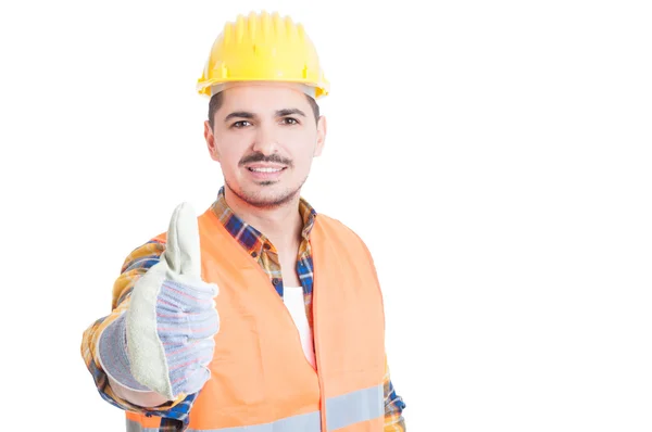 Ingeniero sonriente guapo mostrando el pulgar hacia arriba o como gesto —  Fotos de Stock