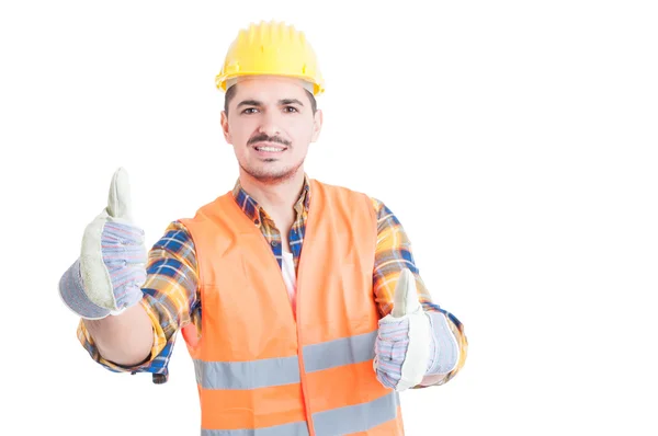 Young engineer showing thumbs up gesture with both hands — Stok fotoğraf