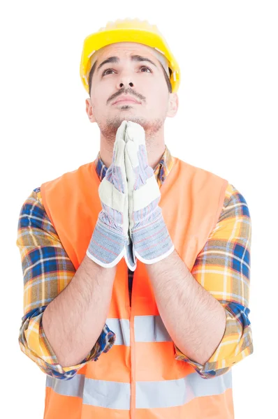 Atractivo constructor en ropa de trabajo y casco con la esperanza de los bes — Foto de Stock