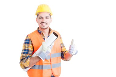 Neşeli mimar tasarım kağıt işi ve başparmak gidiyor