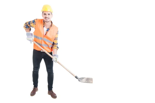 Щасливий інженер тримає лопату як концепцію копання — стокове фото