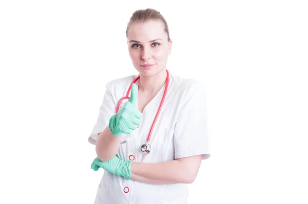 Young female doctor doing  thumb up or like gesture — Stock Photo, Image