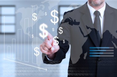Curency trans olarak şeffaf dijital ekran dokunaklı işadamı