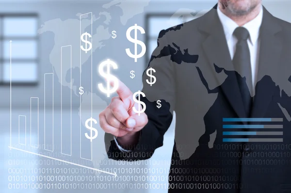 Curency trans olarak şeffaf dijital ekran dokunaklı işadamı