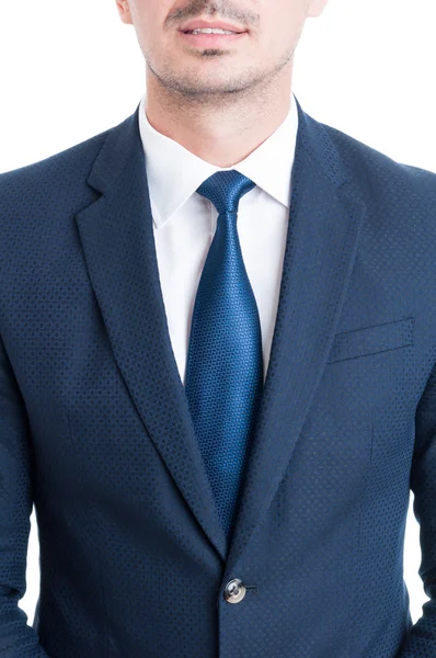 Close-up with blue elegant suit and tie of a salesman — Stock Photo, Image