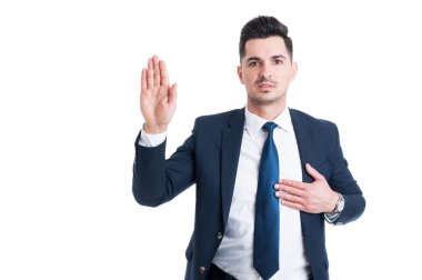 Honest lawyer hand over heart as swear or oath gesture clipart