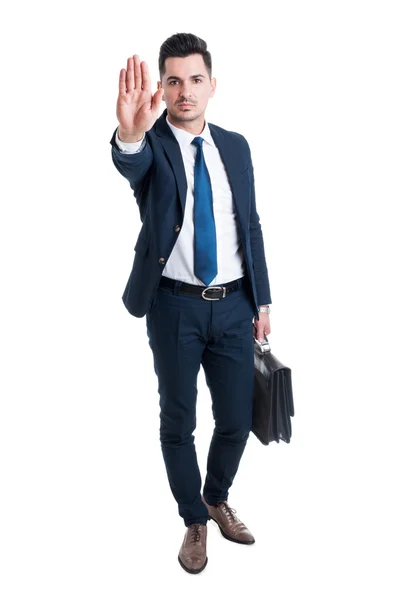 Handsome sales man showing stop gesture — Stock Photo, Image