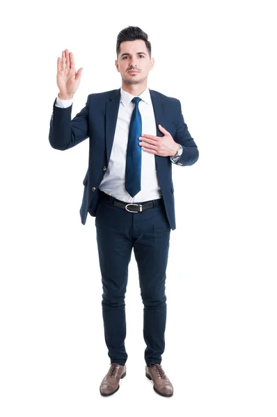 Honest lawyer hand on heart as swear or oath gesture — Stock Photo, Image