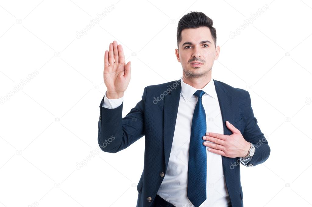 Honest lawyer hand over heart as swear or oath gesture