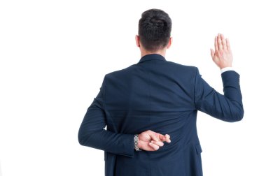 Dishonest lawyer making fake oath or pledge with fingers crossed clipart