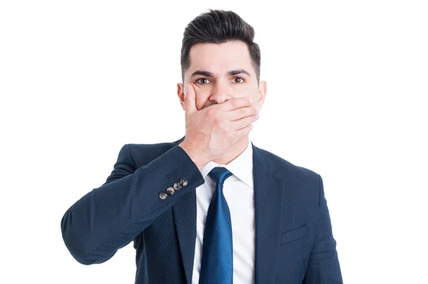 Lawyer or broker covering his mouth with palm — Stock Photo, Image