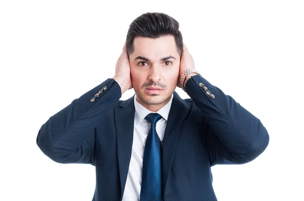 Lawyer or broker covering his ears with palms — Stock Photo, Image