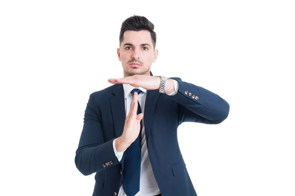 Businessman salesman or broker making timeout gesture — Stock Photo, Image