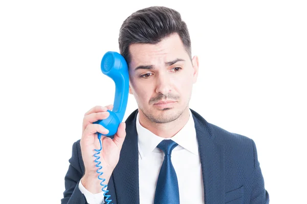 Boldogtalan manager retro telefon egy üzleti probléma — Stock Fotó