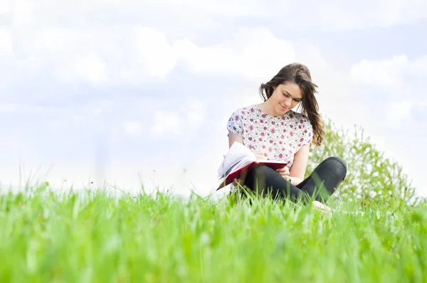 Jovem mulher sorridente sentada no prado e escrevendo algo — Fotografia de Stock