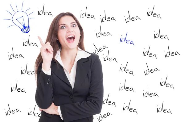 Idea concept with cheerful beautiful businesswoman and lightbulb — Stock Photo, Image