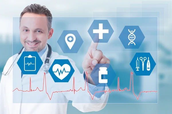 stock image Smiling young medic touching medical icon on futuristic screen