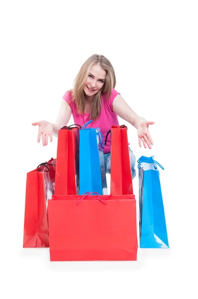 Καταναλωτισμός και πώληση έννοια με χαρούμενα γυναίκα και εμπορική ΒΑ — Φωτογραφία Αρχείου