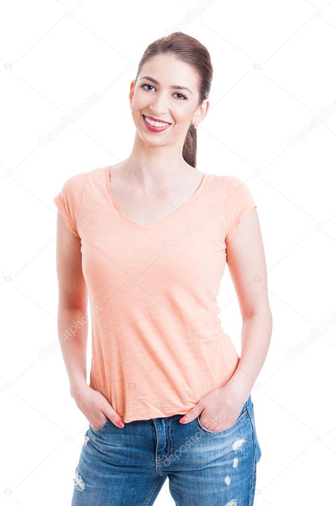 Young smiling woman wearing casual t-shirt and jeans