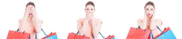 Mujer sosteniendo bolsas de compras haciendo mudo sordo y gesto ciego — Foto de Stock