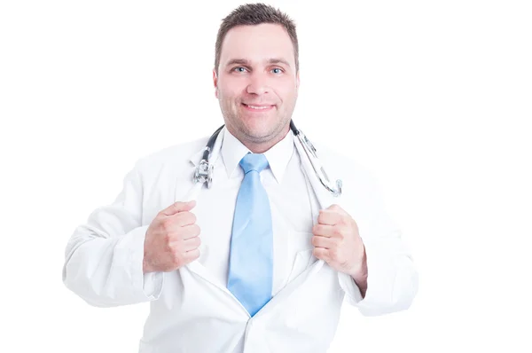 Male doctor showing chest like super hero shot concept — Stock Photo, Image