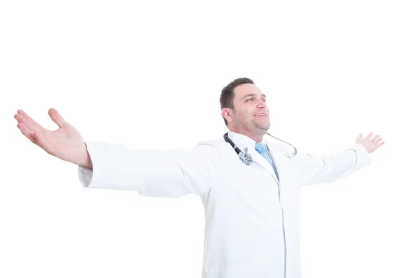 Male doctor posing with open arms like feeling accomplished — Stock Photo, Image