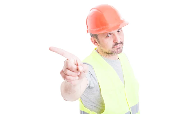 Retrato de construtor sério fazendo gesto de recusa com índice — Fotografia de Stock