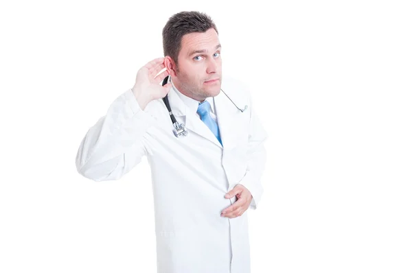 Médico masculino ou médico fazendo gesto de escuta com uma mão — Fotografia de Stock