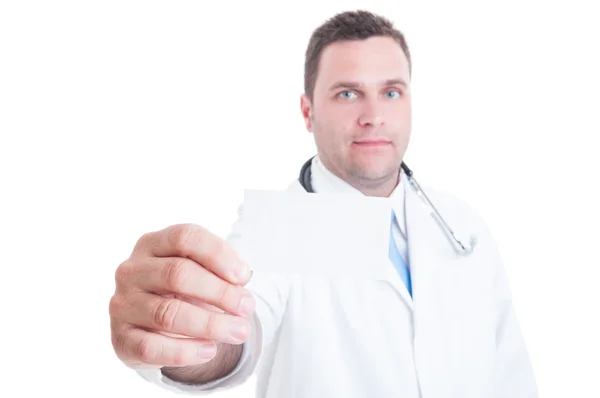 Male medic or doctor showing blank business card close-up — Stock Photo, Image