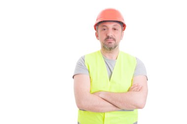 Kask ve koruma yelek ile kendinden emin yakışıklı Oluşturucu