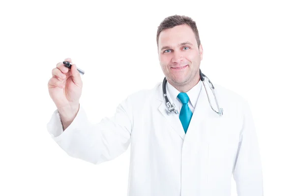 Male medic writing on transparent screen copyspace — Stock Photo, Image