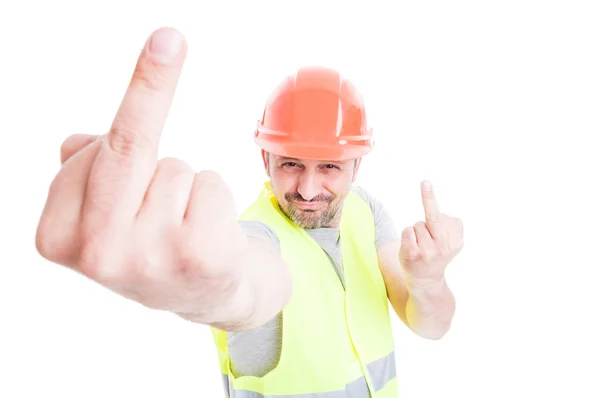 Irónico constructor atractivo haciendo doble gesto ofensivo — Foto de Stock