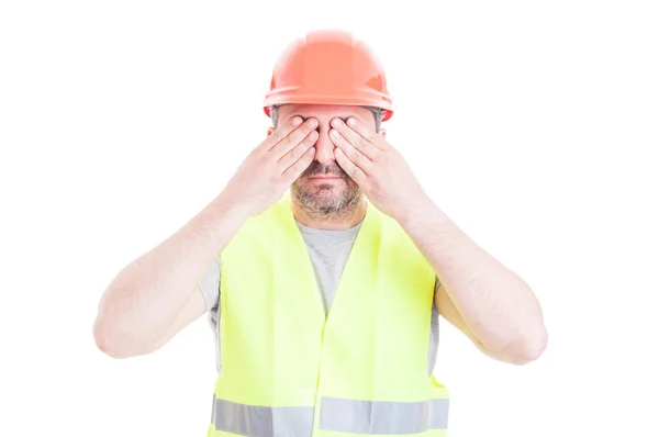 See no evil concept with attractive male constructor — Stock Photo, Image