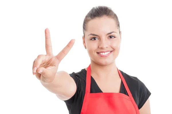 Portrait of smiling attractive female merchandiser on supermarke — Stock Photo, Image