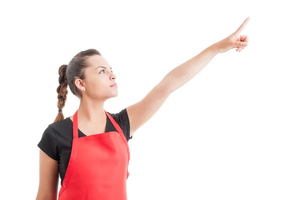 Superhero shot with female employee pointing finger up — Stock Photo, Image