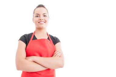 Çapraz kolları poz güzel hipermarket satıcı