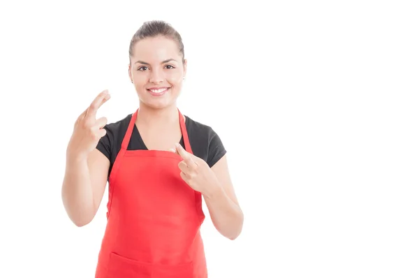 Hoffen und Wünschen mit Supermarkt-Mitarbeiterin — Stockfoto