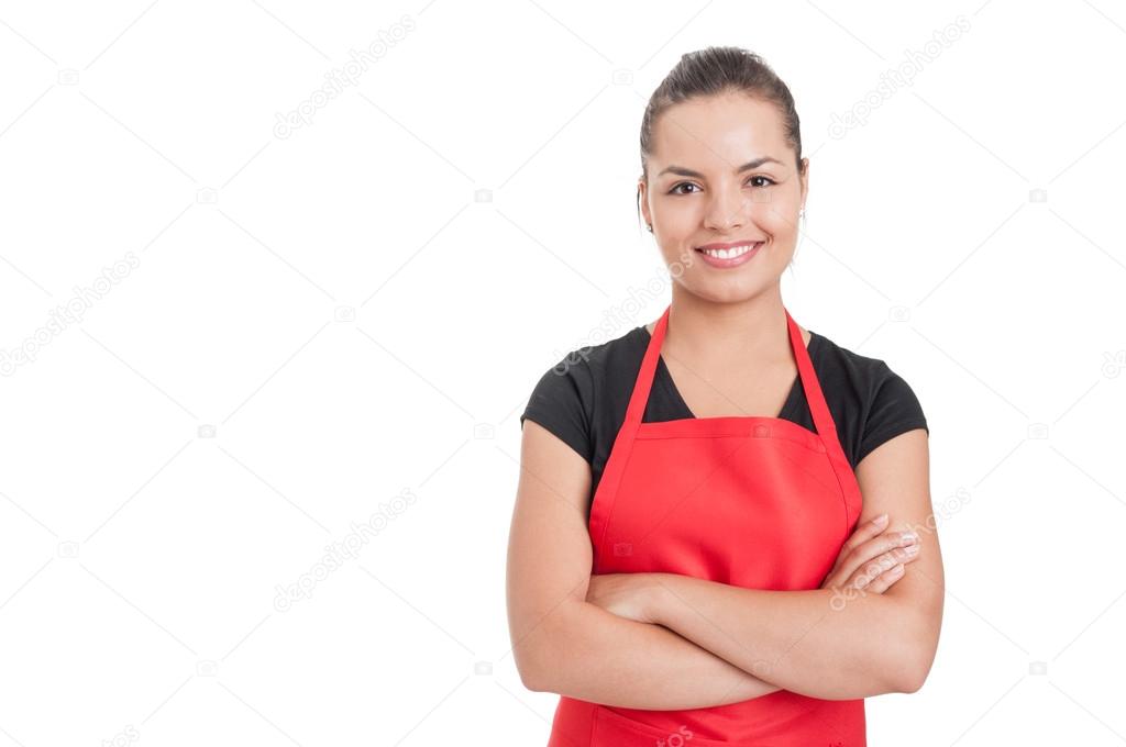 Confident cute employee standing with folded arms