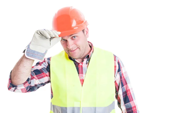 Concepto de saludo con constructor guapo mostrando respeto — Foto de Stock