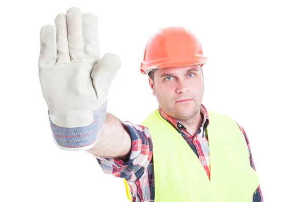 Parar conceito com construtor masculino fazendo gesto de advertência — Fotografia de Stock