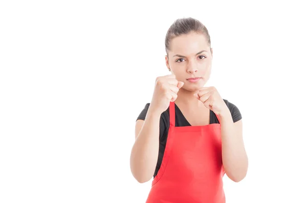 Fight concept with hypermarket female employee — Stock Photo, Image