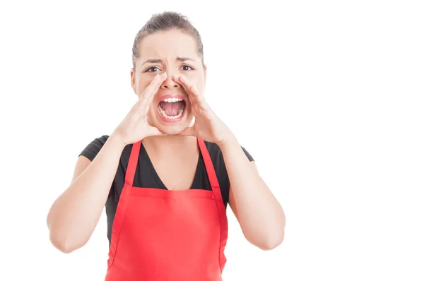 Angry hypermarket seller screaming — Stock Photo, Image