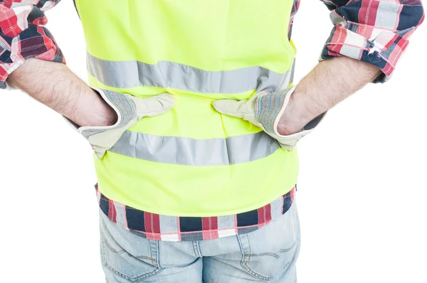 Closeup of builder feeling lower back pain — Stock Photo, Image