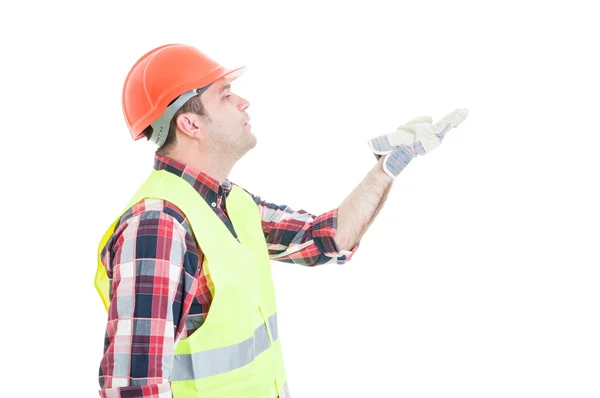 Ouvrier Du Bâtiment En Tenue Professionnelle Dans Un Gilet Réfléchissant  Tenant Un Casque Debout Sur Fond Blanc Espace Vide Photo stock - Image du  dangereux, constructeur: 235964586