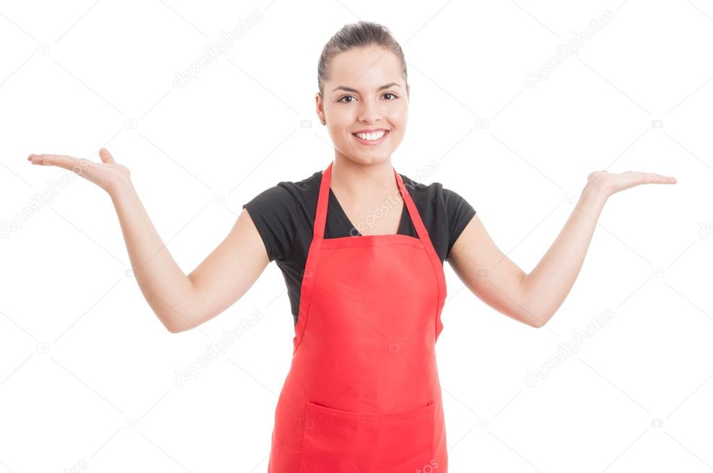 Cheerful employee holding something in her palms