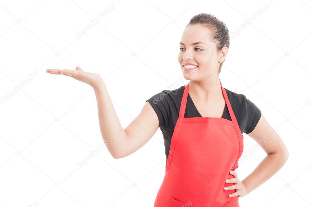 Attractive employee showing shomething on her palm