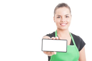 Güzel süpermarket perakendeci gösteren cep telefonu