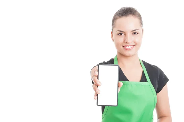 Joyful hypermarket employee holding smartphone — Stock Photo, Image